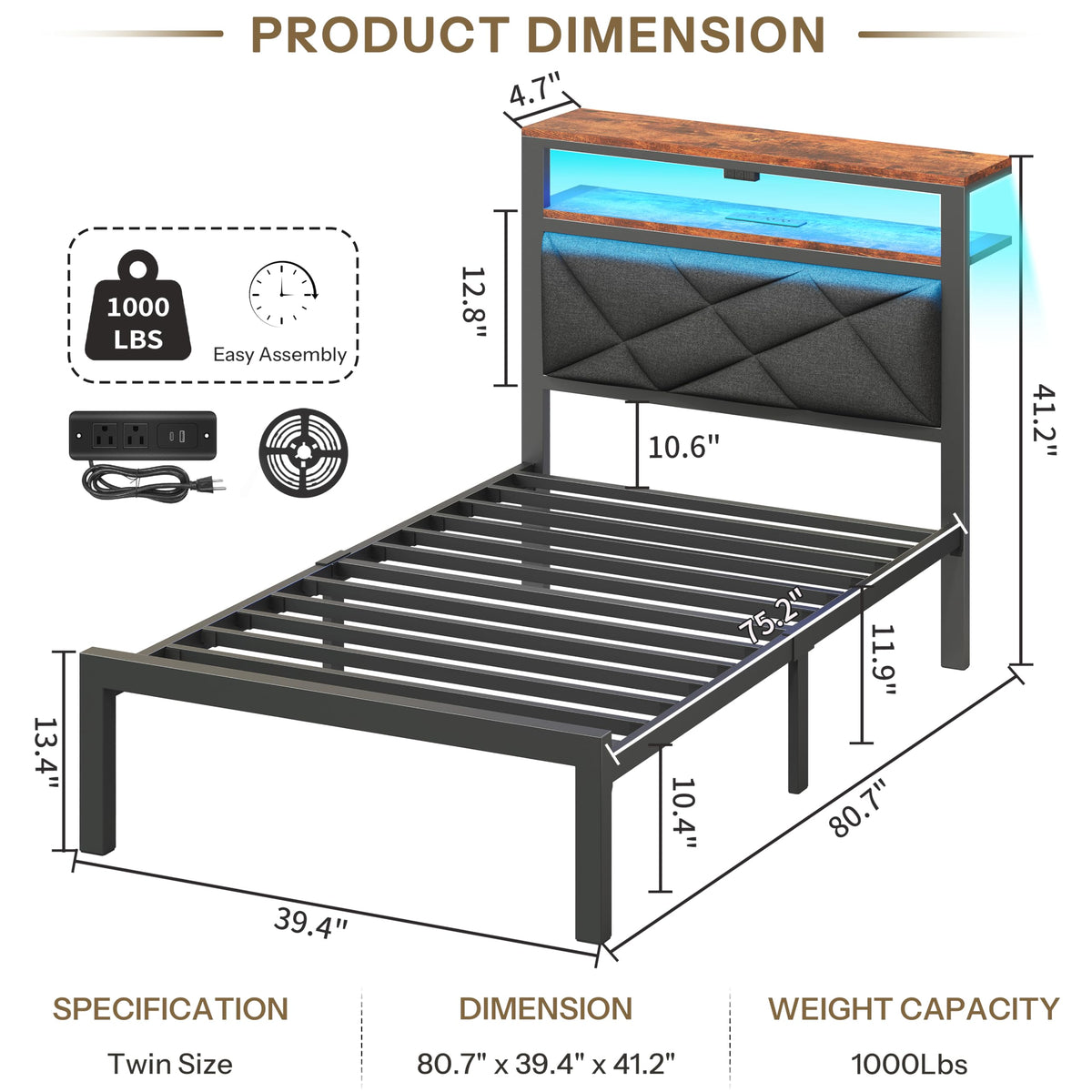 Twin Size Bed Frame with LED Lights & Charging Station F99204