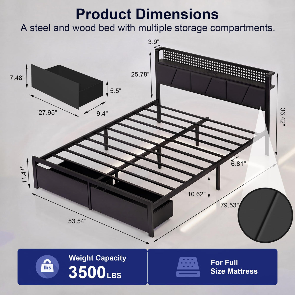 Full Size Upholstered Bed Frame with 2 Drawers and Storage Shelves T163