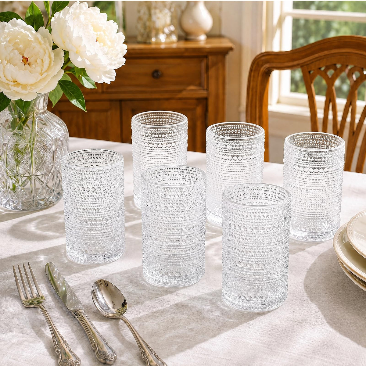 Set of 6 Vintage Hobnail Drinking Glasses, 13 oz Clear Embossed Glassware A762413
