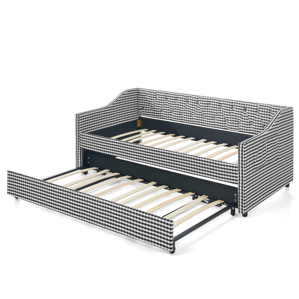 Twin Size Gingham Daybed with Trundle and Storage Pocket V972667