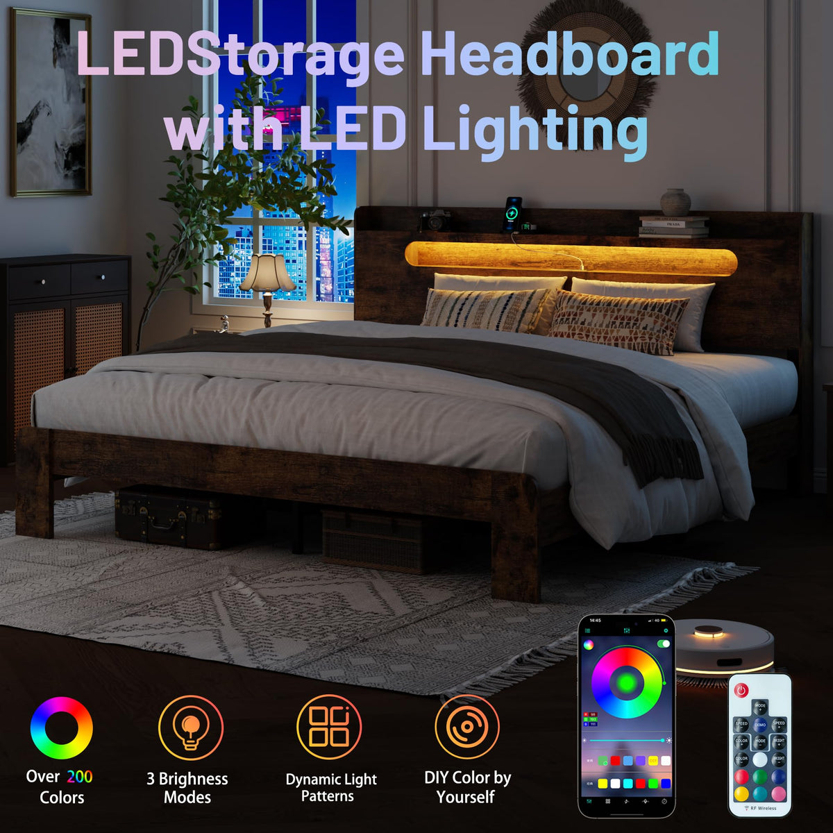 Queen Bed Frame with Storage Headboard and Charging Station E581529