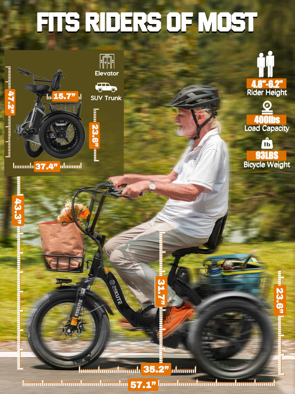 Electric Tricycle Bike 1200W Folding 3 Wheel Bicycle Y631773