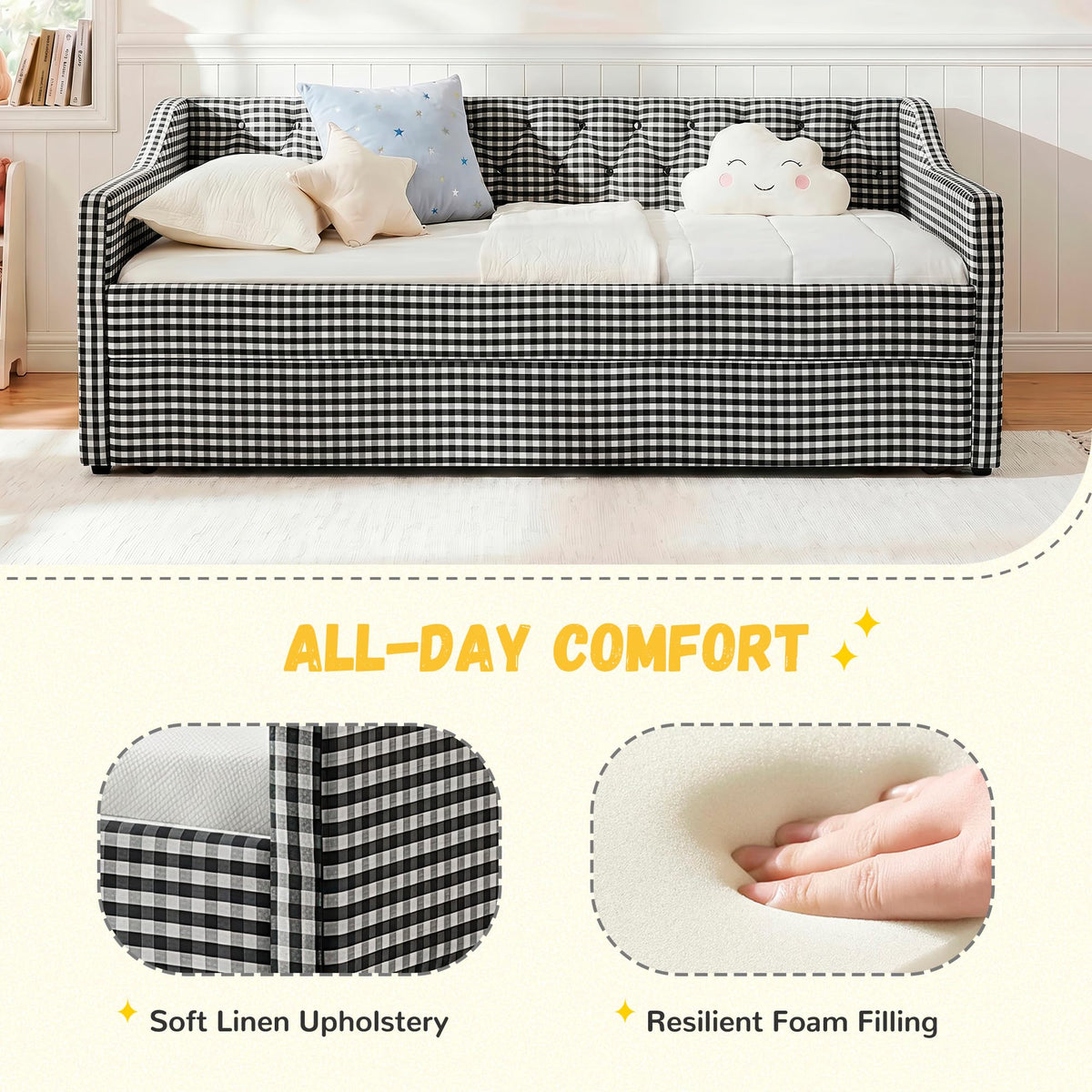 Twin Size Gingham Daybed with Trundle and Storage Pocket V972667
