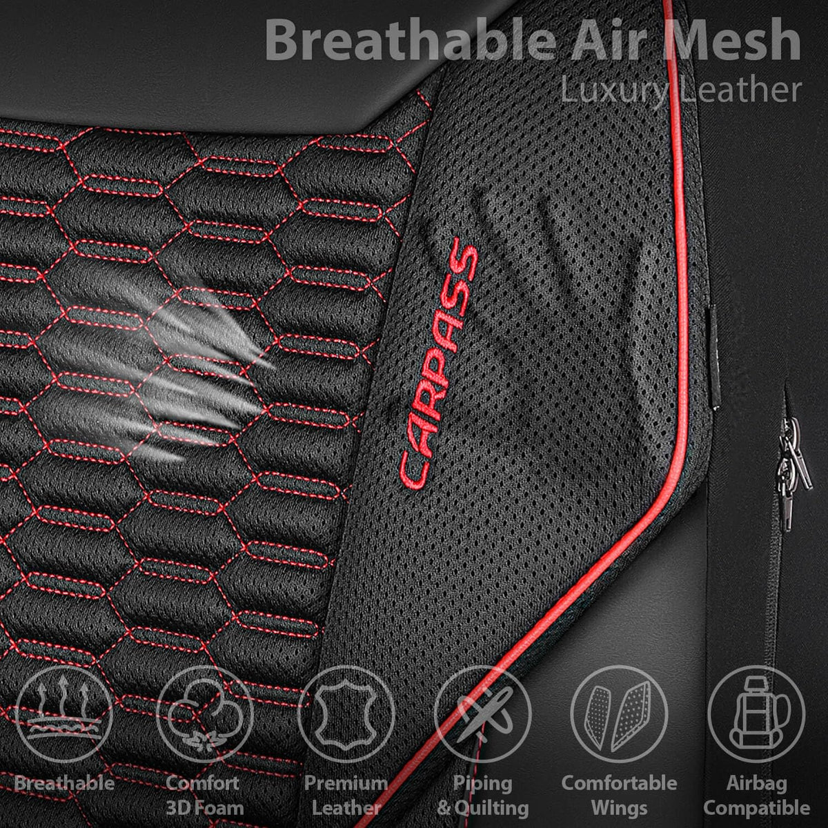 3D Foam Mesh Faux Leather Car Seat Covers Full Set, Black and Red A2508