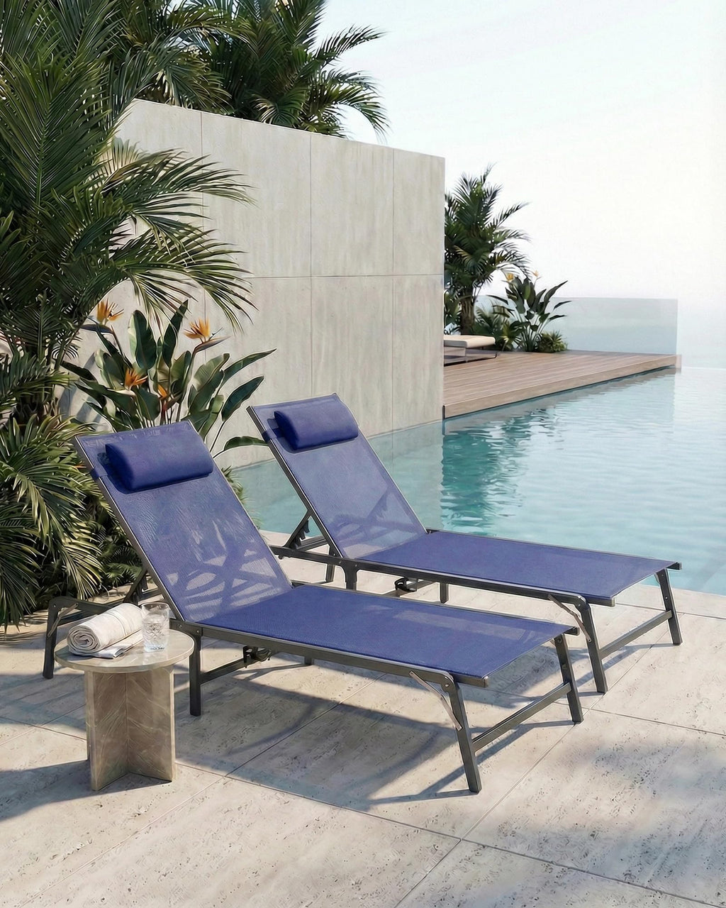 2 Pack Blue Foldable Chaise Lounge Chair with Cup Holder and Pillow V806