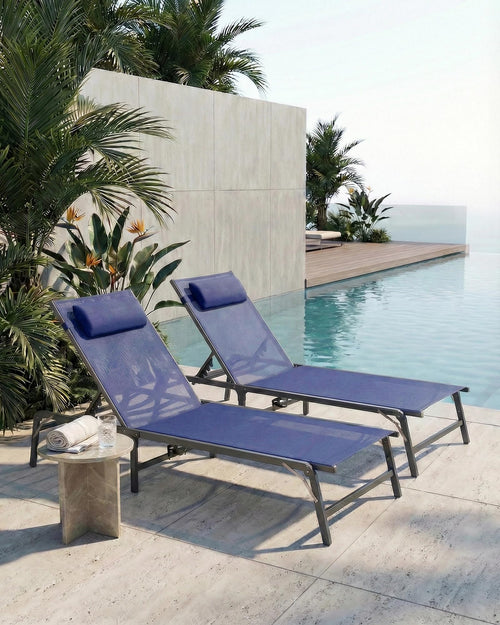 2 Pack Blue Foldable Chaise Lounge Chair with Cup Holder and Pillow V806