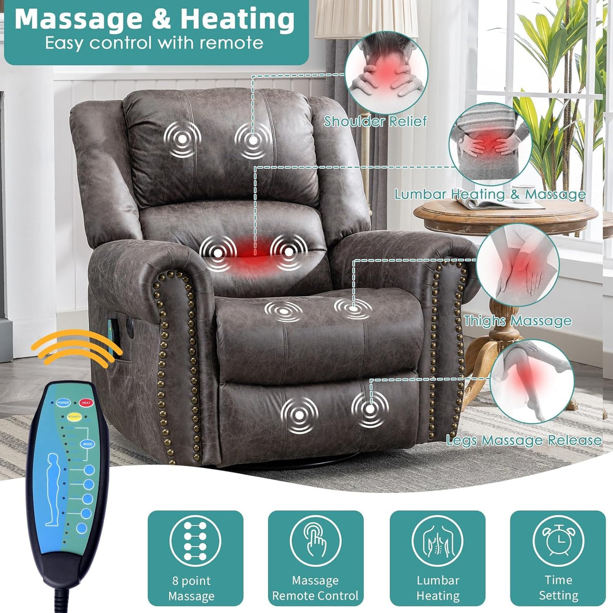 Oversized Swivel Rocker Recliner Chair with Heat and Massage S43283