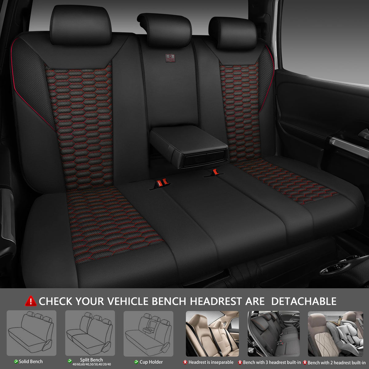 3D Foam Mesh Faux Leather Car Seat Covers Full Set, Black and Red A2508