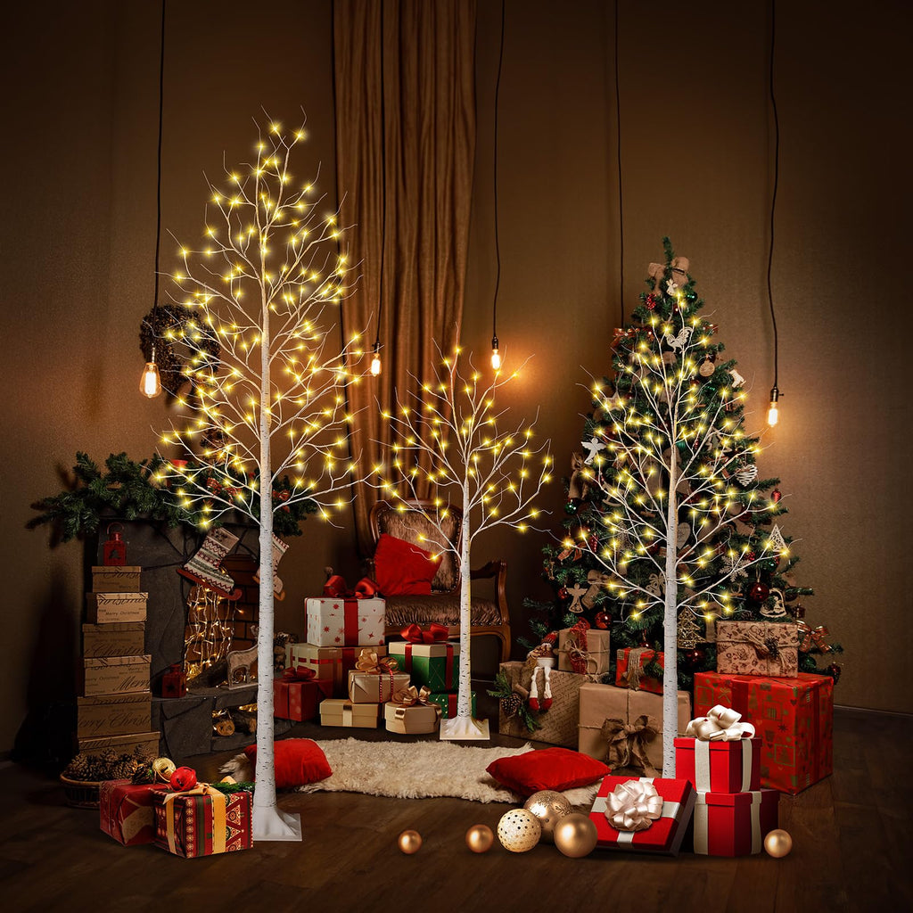 White Birch Tree with Lights Set of 3 Christmas Decorations with Warm White Lights F302
