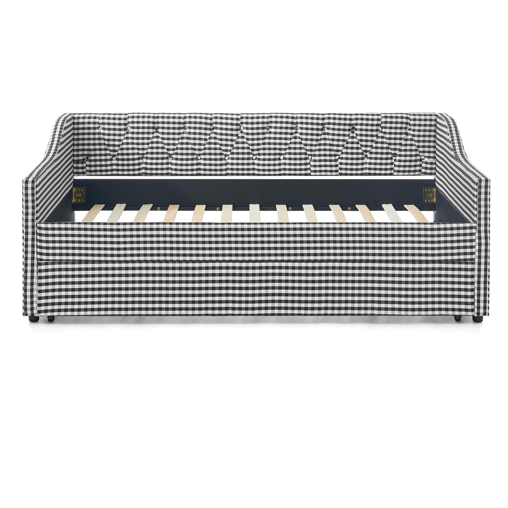 Twin Size Gingham Daybed with Trundle and Storage Pocket V972667