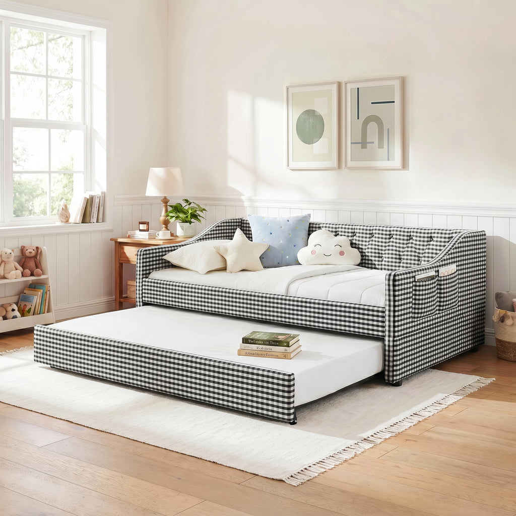 Twin Size Gingham Daybed with Trundle and Storage Pocket V972667