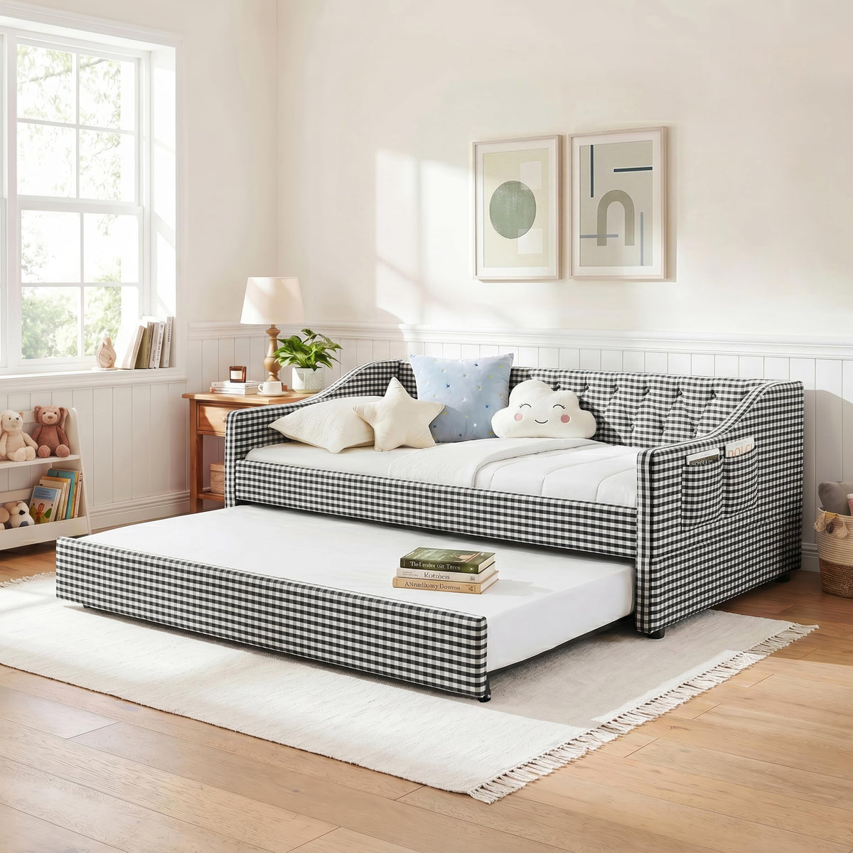 Twin Size Gingham Daybed with Trundle and Storage Pocket V972667