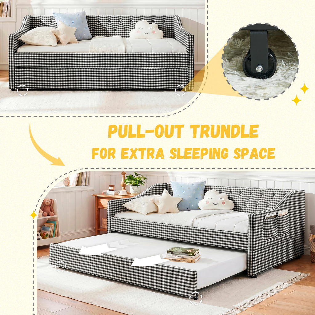 Twin Size Gingham Daybed with Trundle and Storage Pocket V972667