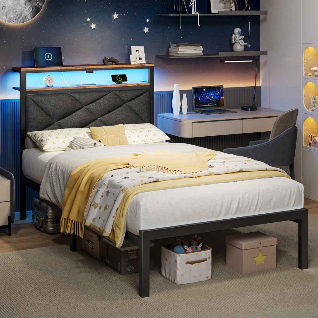 Twin Size Bed Frame with LED Lights & Charging Station F99204