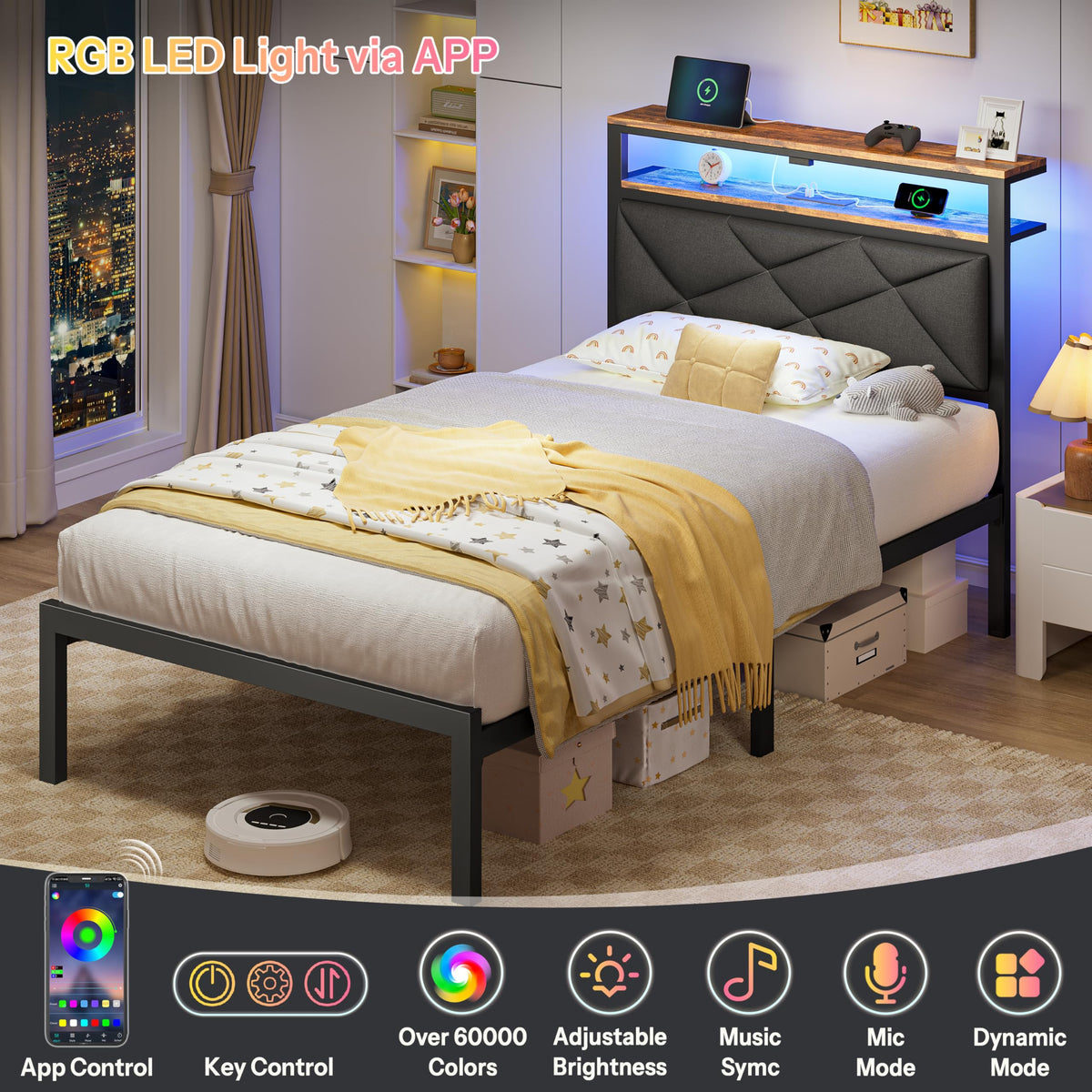 Twin Size Bed Frame with LED Lights & Charging Station F99204
