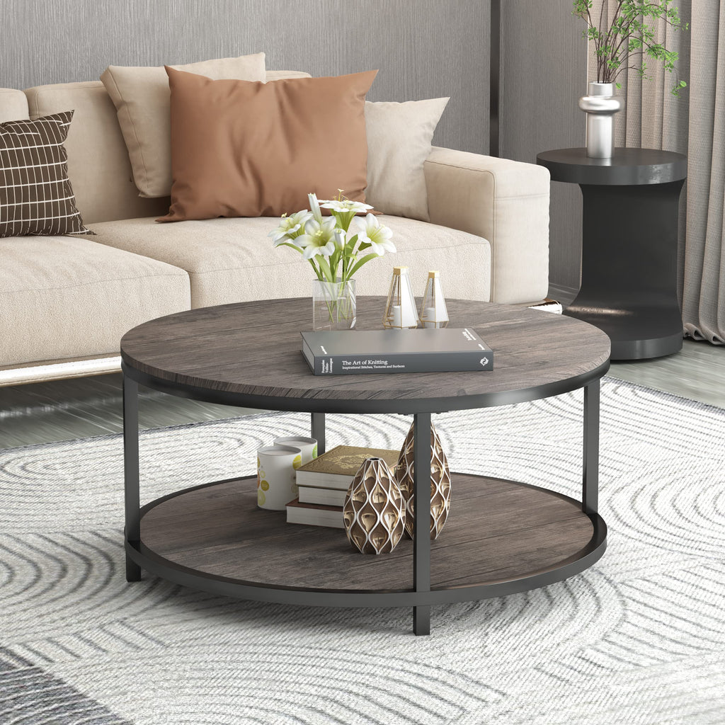 Round 2-Tier Wood Coffee Table with Storage Shelf Y5547