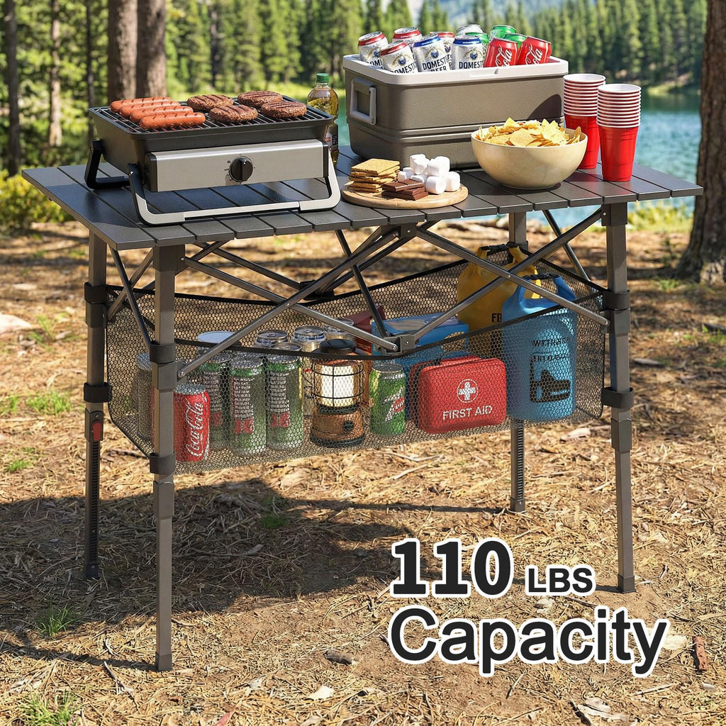 Portable Aluminum Folding Camping Table with Storage Basket L7555