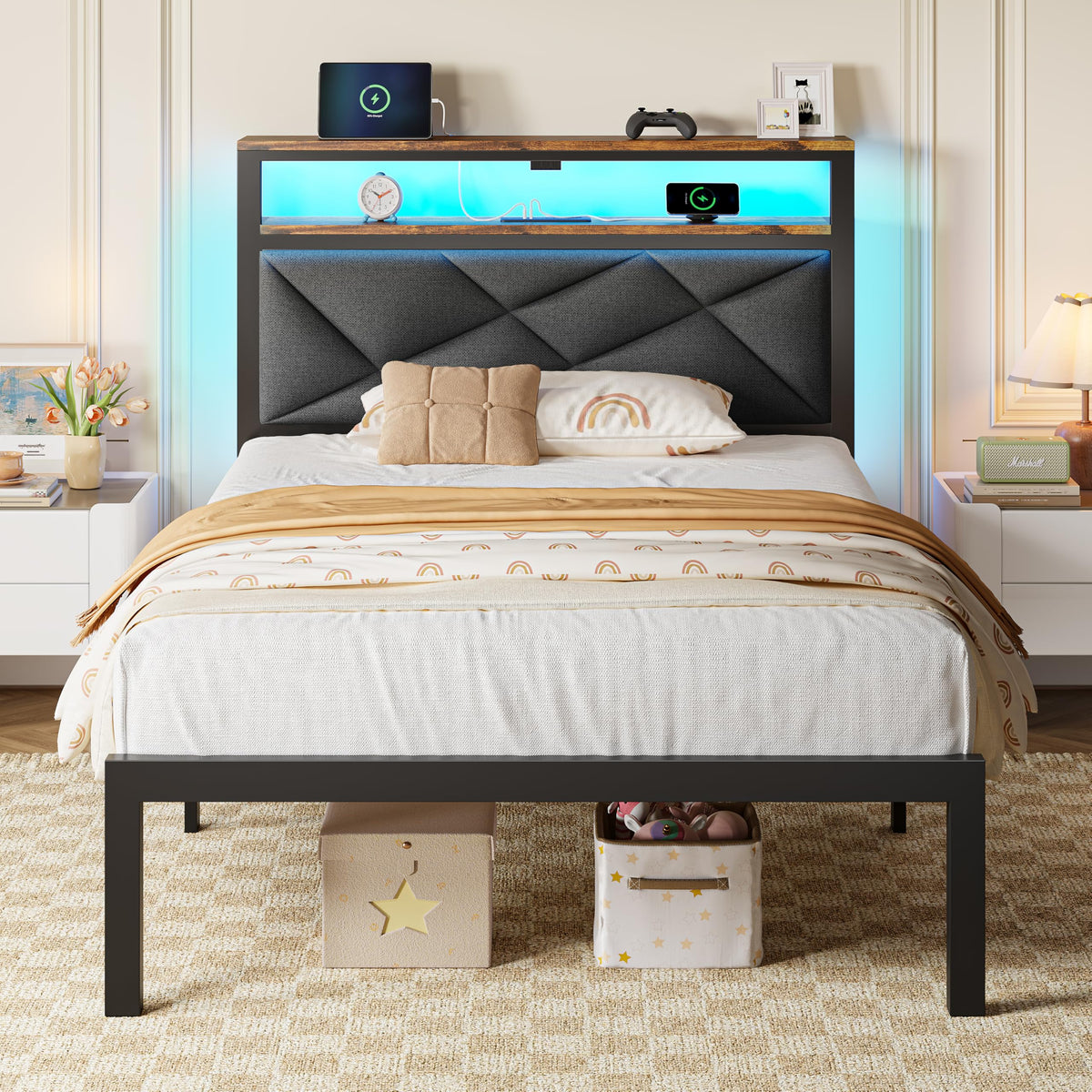 Twin Size Bed Frame with LED Lights & Charging Station F99204