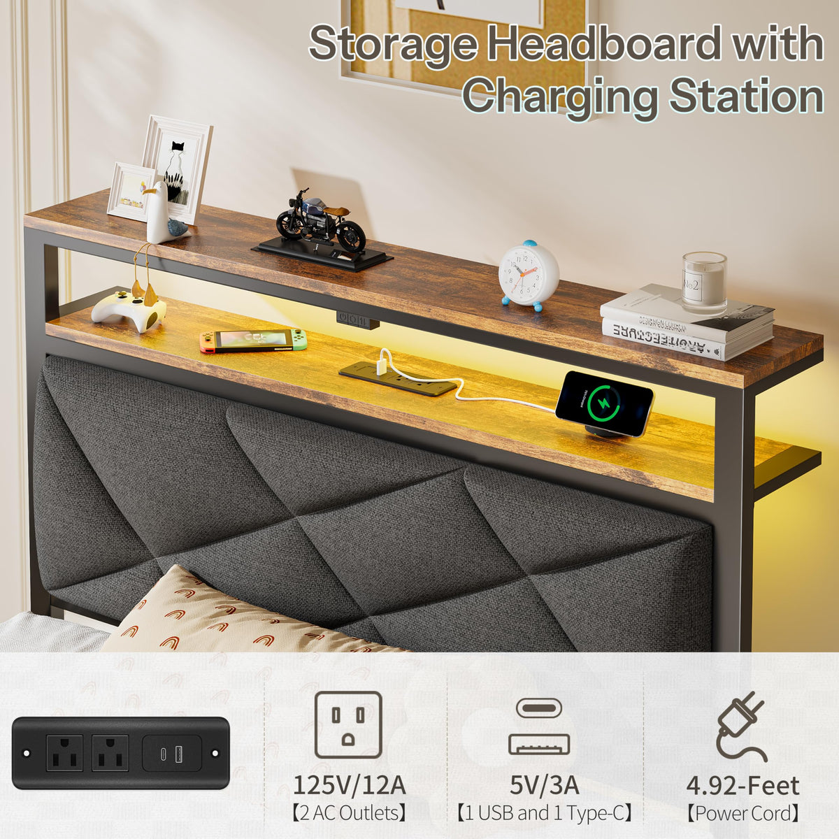 Twin Size Bed Frame with LED Lights & Charging Station F99204