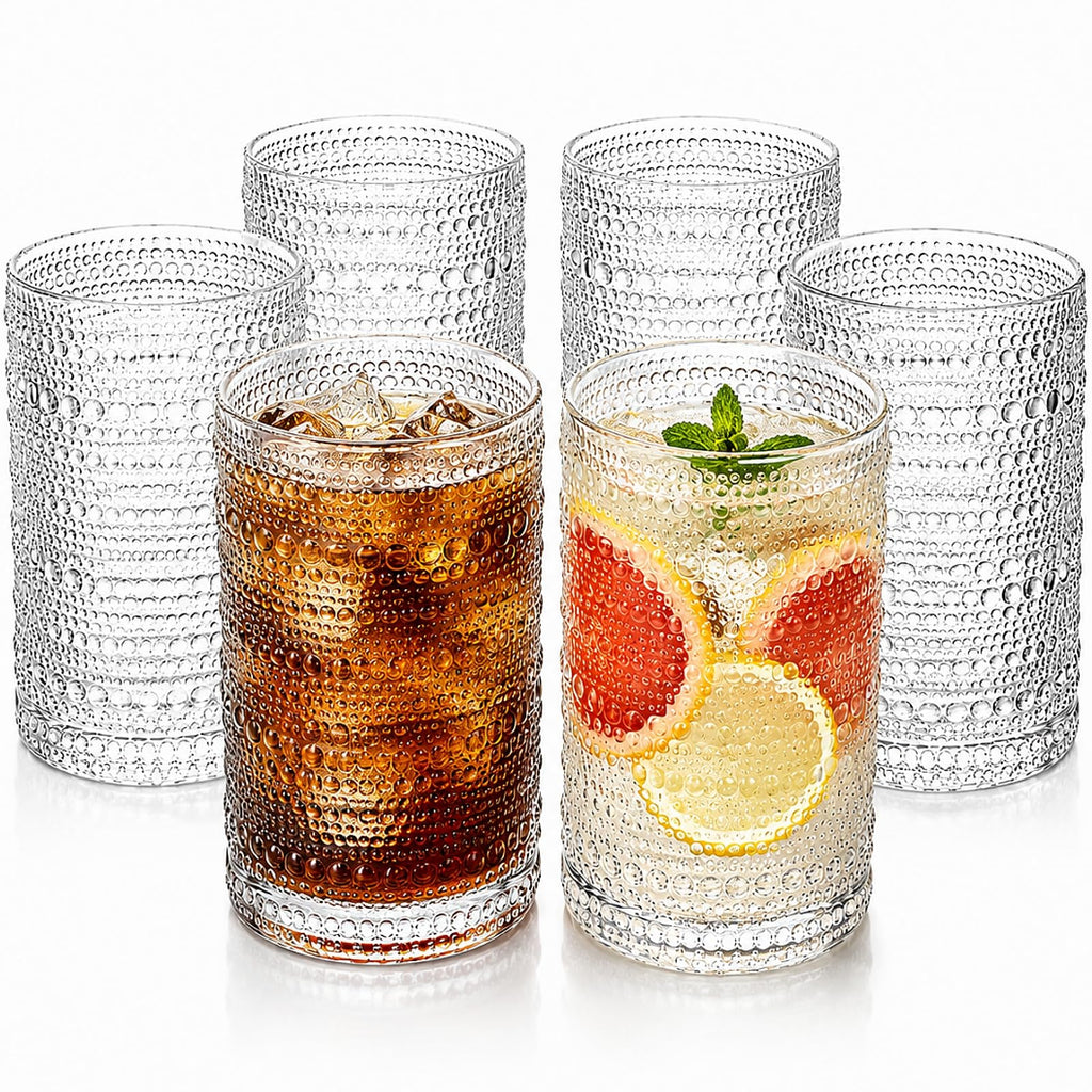 Set of 6 Vintage Hobnail Drinking Glasses, 13 oz Clear Embossed Glassware A762413