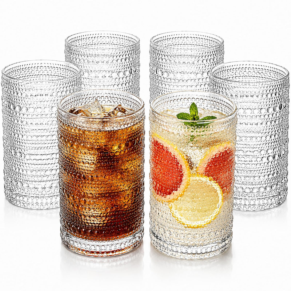 Set of 6 Vintage Hobnail Drinking Glasses, 13 oz Clear Embossed Glassware A762413
