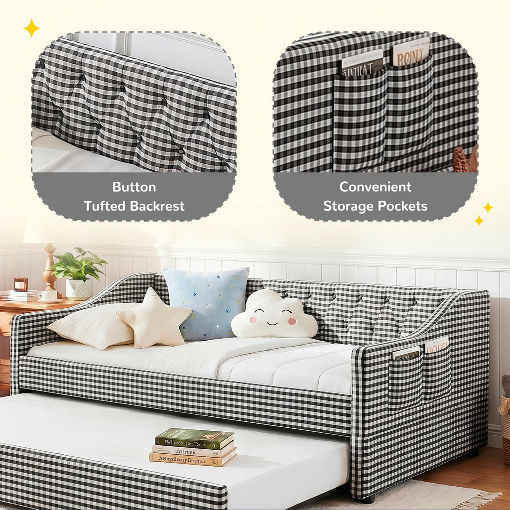 Twin Size Gingham Daybed with Trundle and Storage Pocket V972667