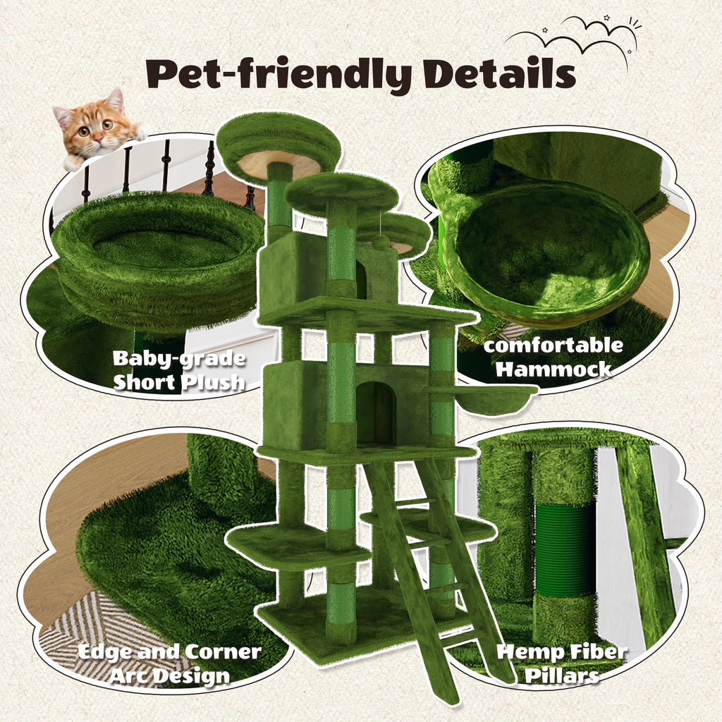 70.87" Green Multi-Level Cat Tree with Condos and Hammock H6098