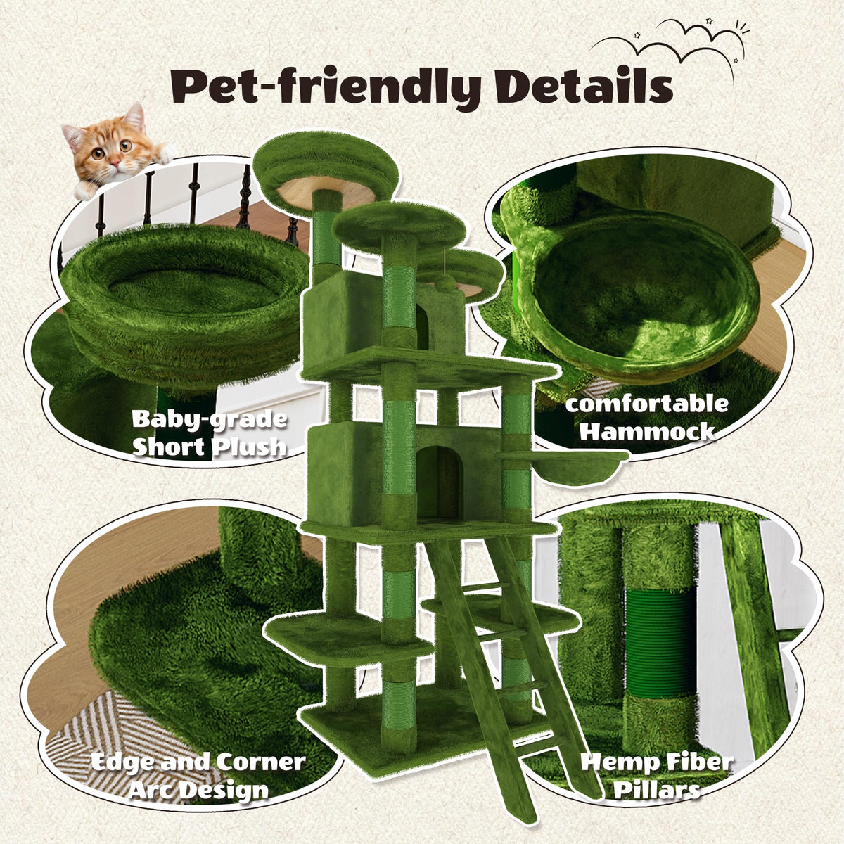 70.87" Green Multi-Level Cat Tree with Condos and Hammock H6098