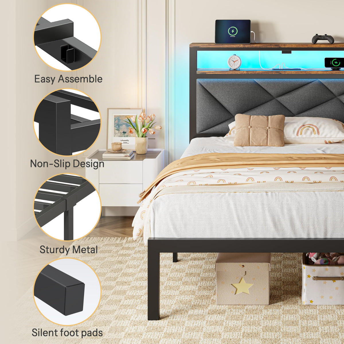Twin Size Bed Frame with LED Lights & Charging Station F99204