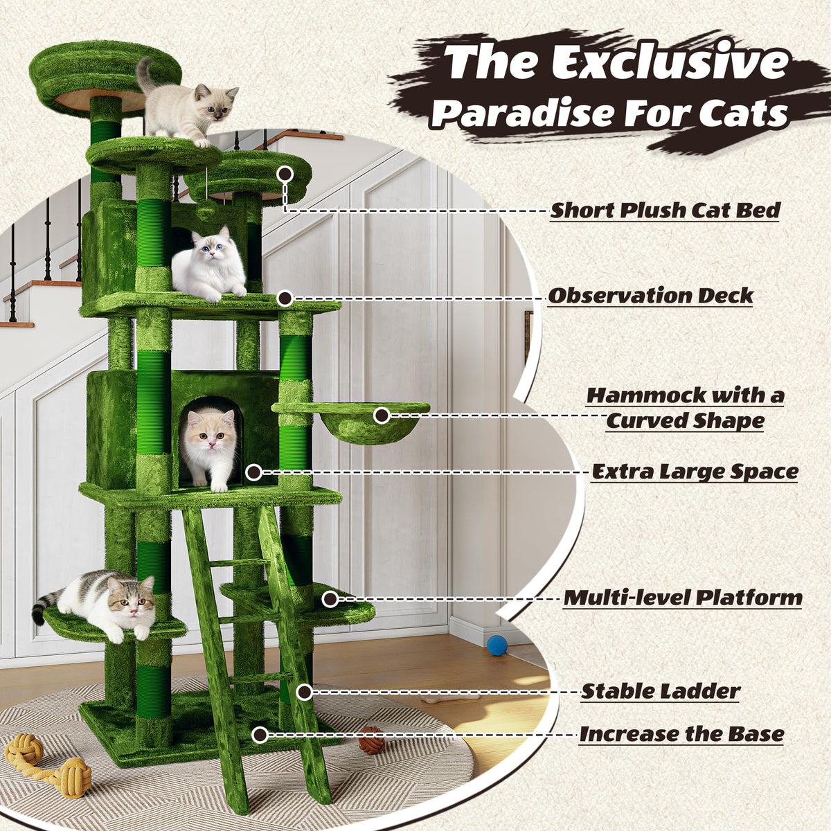 70.87" Green Multi-Level Cat Tree with Condos and Hammock H6098