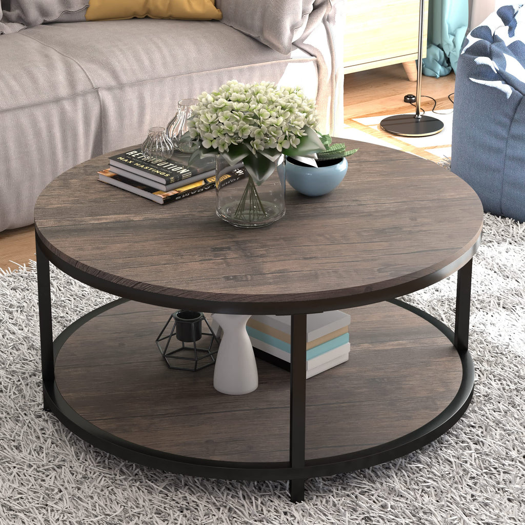 Round 2-Tier Wood Coffee Table with Storage Shelf Y5547